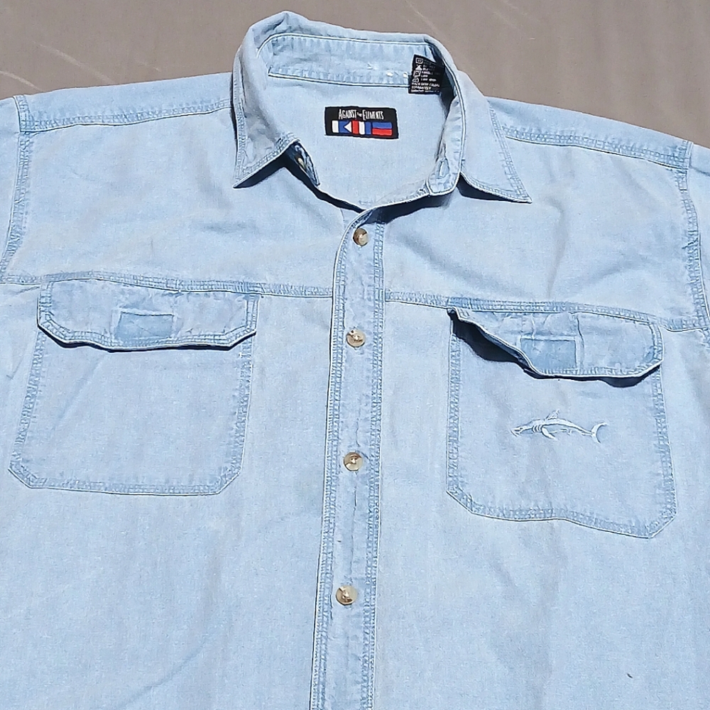 Against The Elements Mens Large L Blue Chambray SS Fishing Shirt Gorpcore
